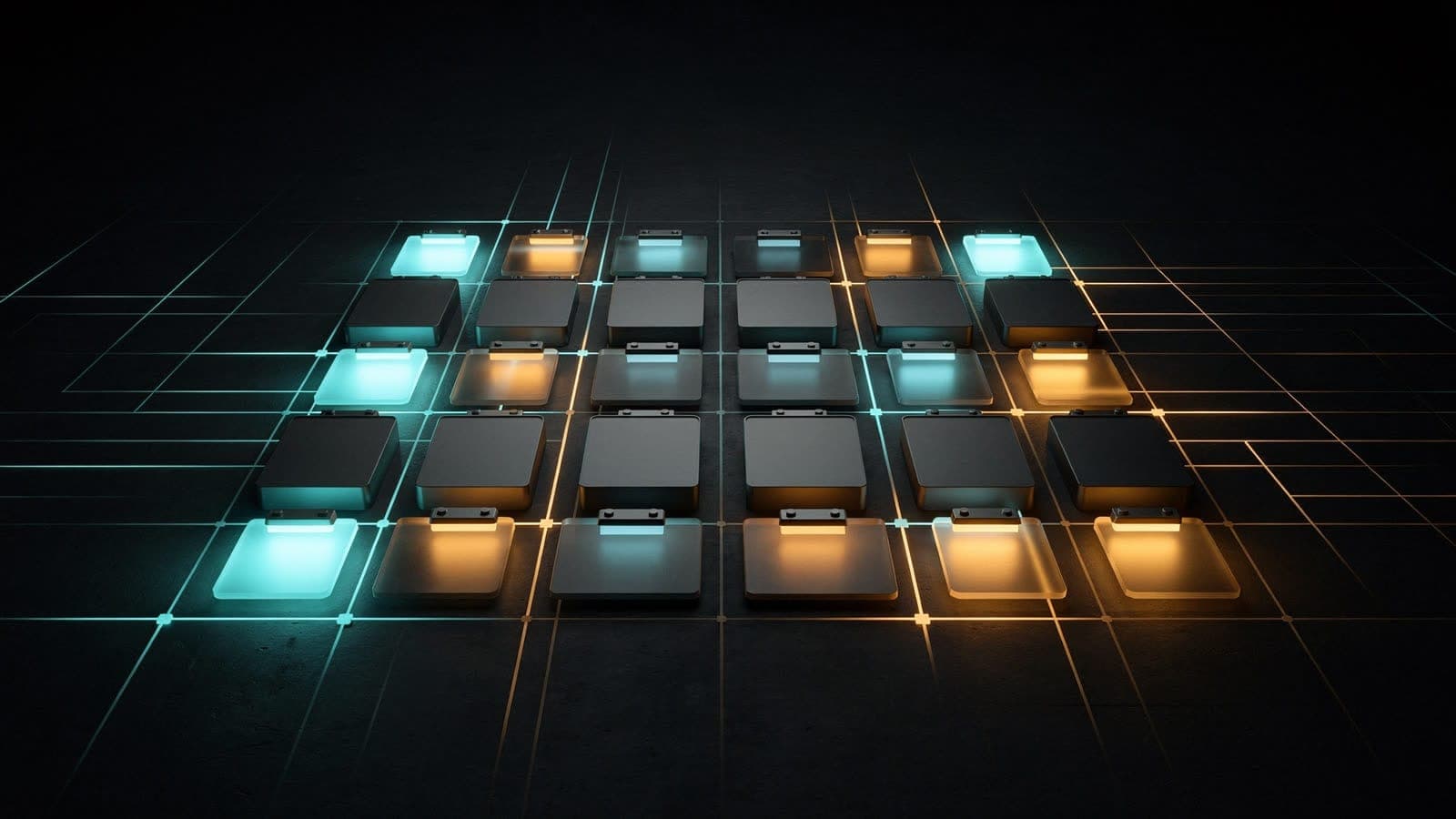 Elm case study artwork: a grid of illuminated tiles