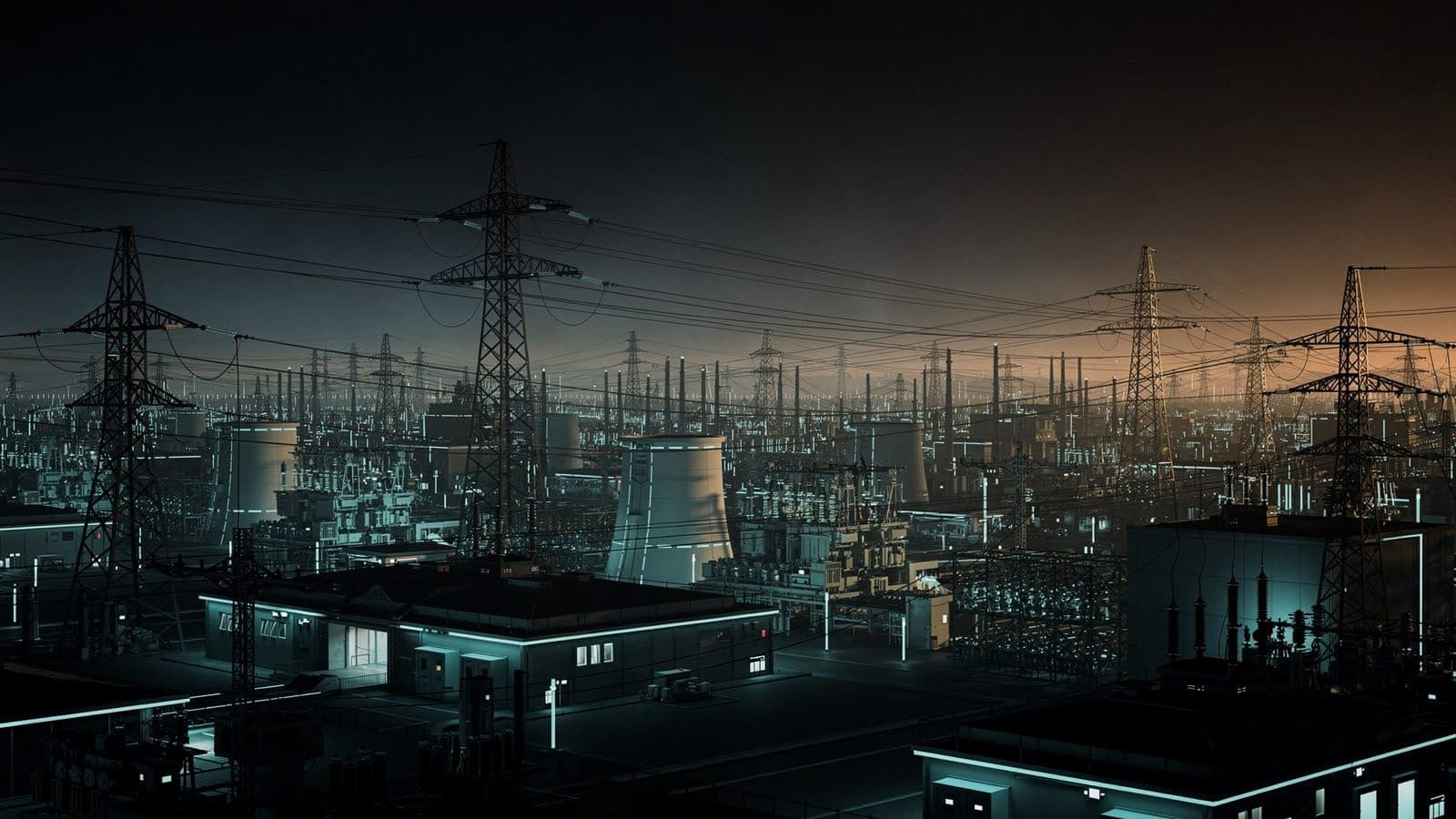 Fermi case study artwork: an industrial power landscape at dusk