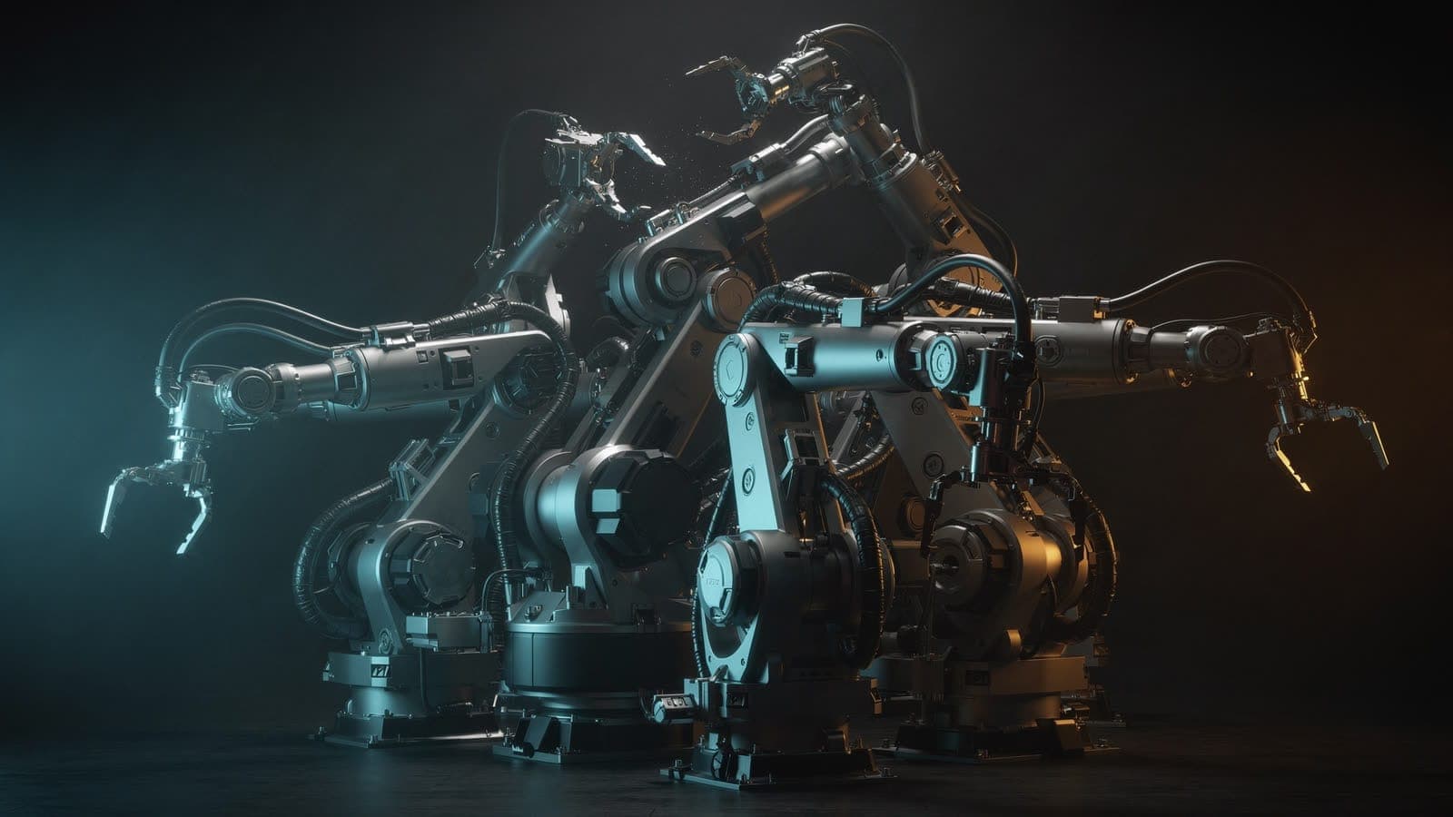 Kawasaki Robotics case study artwork: robot arms in a dark cell