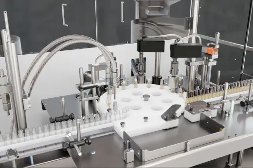 Photoreal render of a pharmaceutical fill and finish line