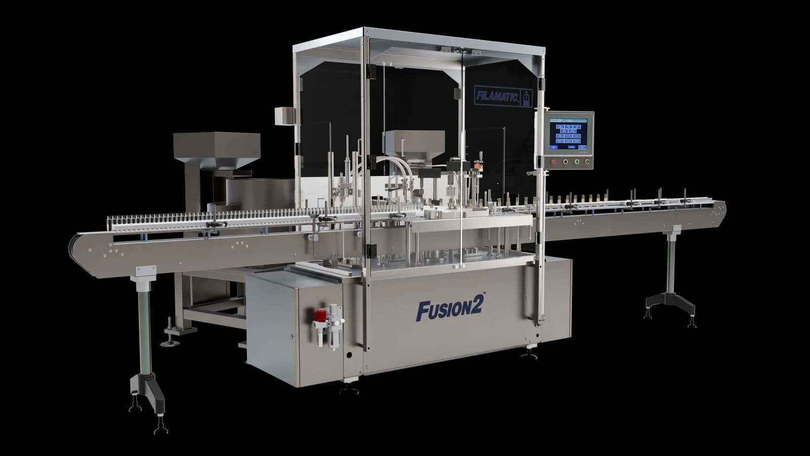 Photoreal render of a Filamatic Fusion 2 filling line