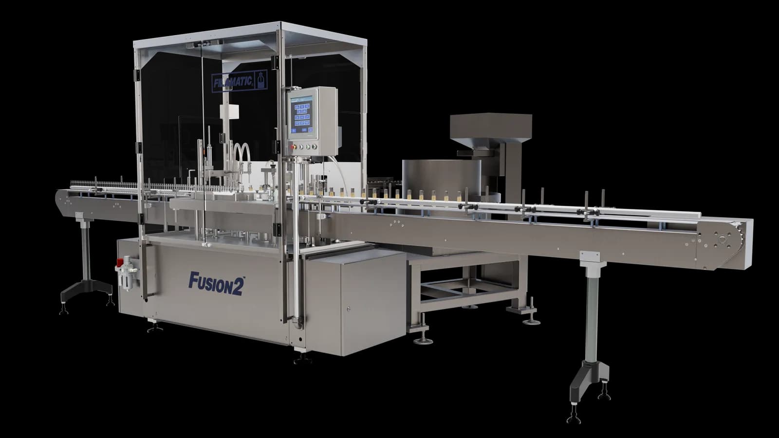 Photoreal render of a Filamatic Fusion 2 filling line