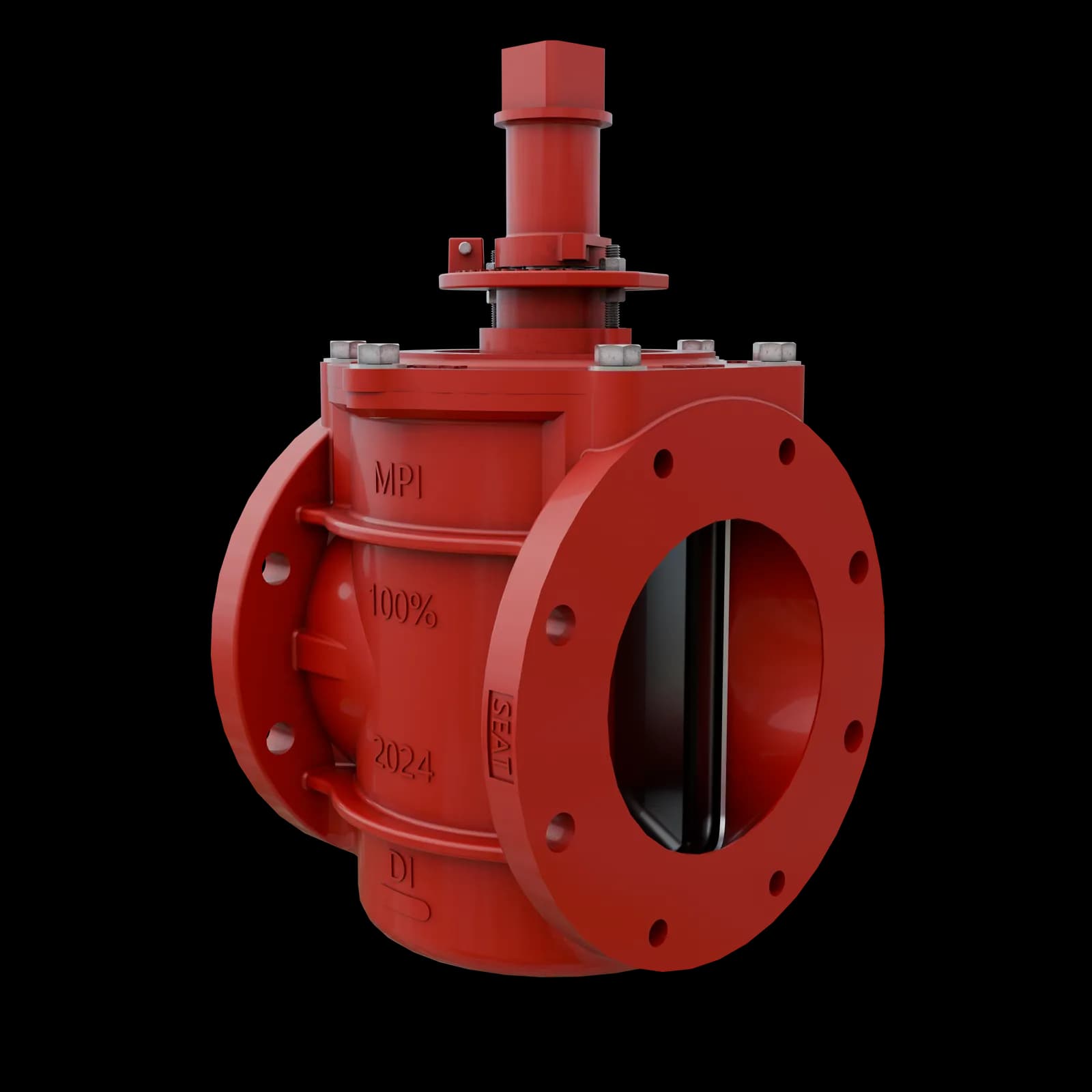 Photoreal render of a red industrial plug valve