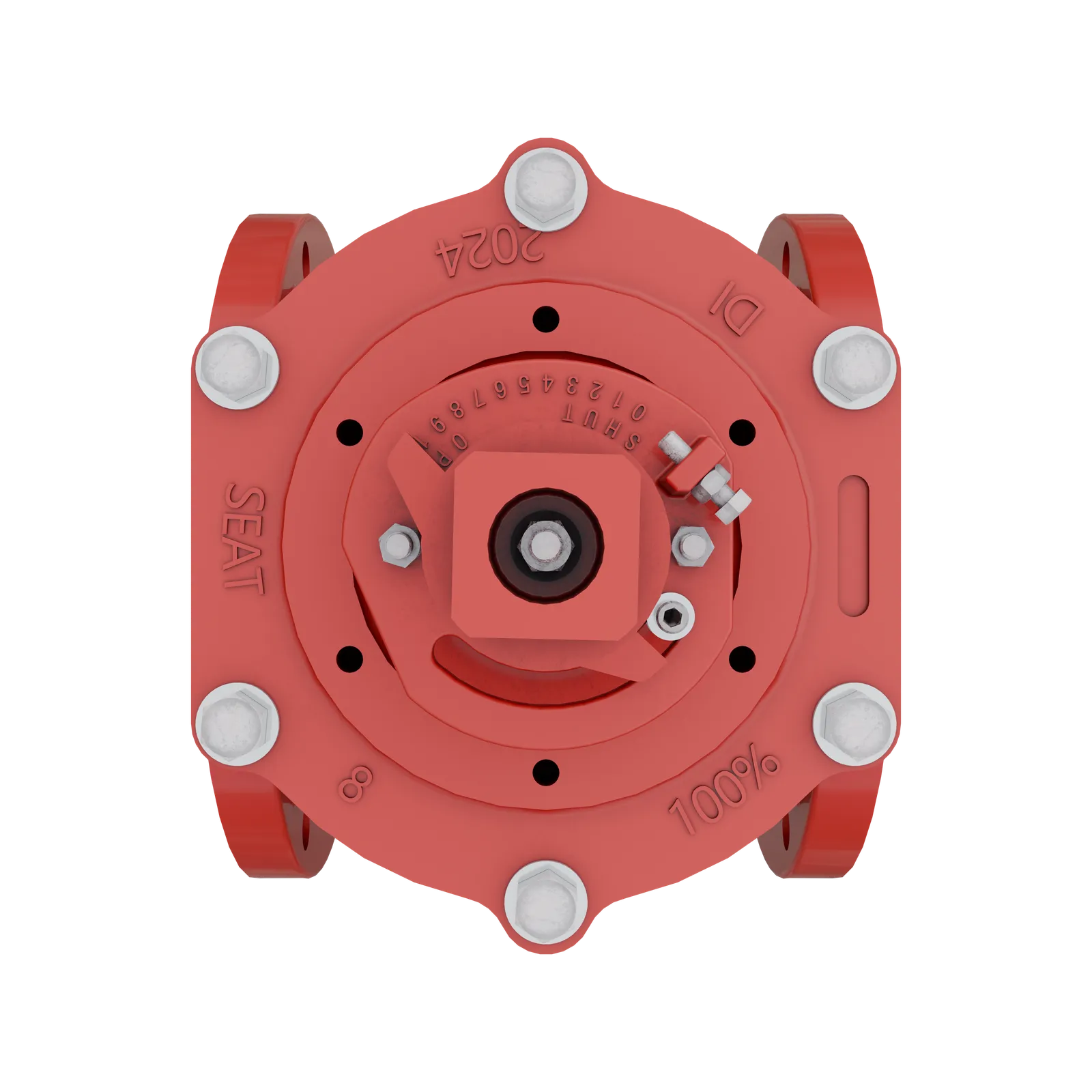 Photoreal render of a red industrial plug valve