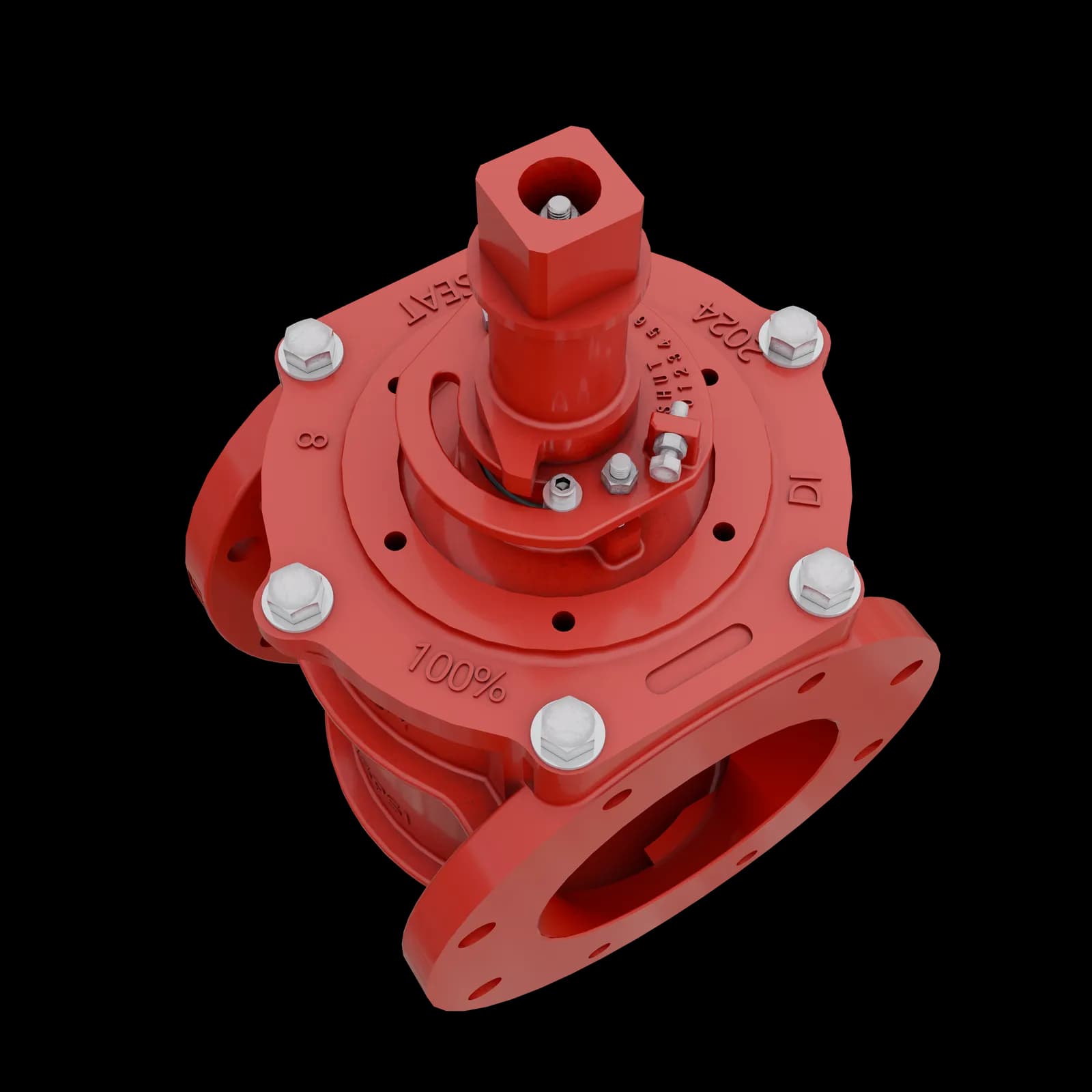 Photoreal render of a red industrial plug valve